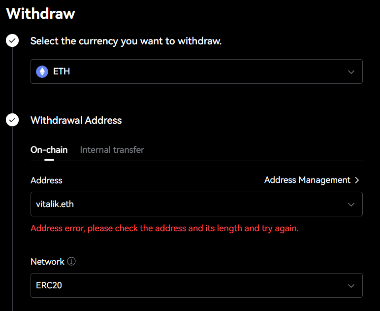 LBank Exchange doesn't allow ENS names as the recipient in the withdrawal flow